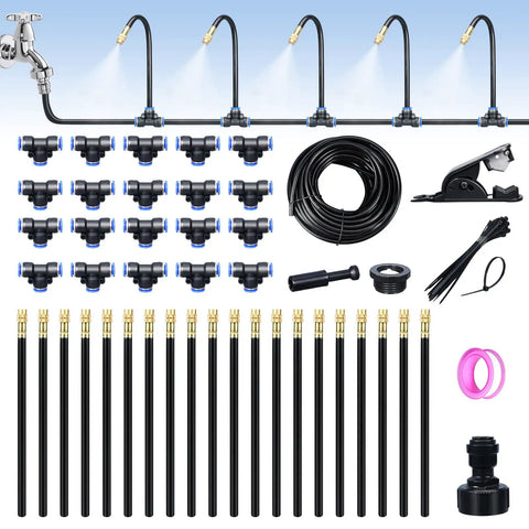 65 Foot Drip Irrigation Kit With Quick Connect Micro Mist No Fuss Watering System For Greenhouse And Garden Plug And Play DIY Setup Covers 215 Sq Ft Includes Distribution Tubing Tees Sprinkler Heads Ties And More, components displayed