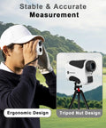 Golfer using Golf Rangefinder With Pin Seeker And 6X Magnification, Tracks Distances Up To 650 Yards, shown on tripod