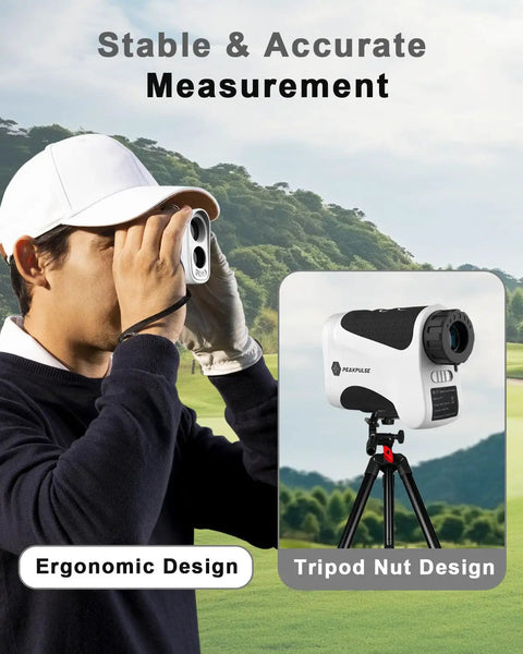 Golfer using Golf Rangefinder With Pin Seeker And 6X Magnification, Tracks Distances Up To 650 Yards, shown on tripod