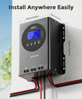 60A MPPT Solar Charge Controller For 12V 24V 36V 48V Systems mounted on wall with LCD display and wiring, dimensions shown