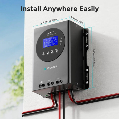 60A MPPT Solar Charge Controller For 12V 24V 36V 48V Systems mounted on wall with LCD display and wiring, dimensions shown