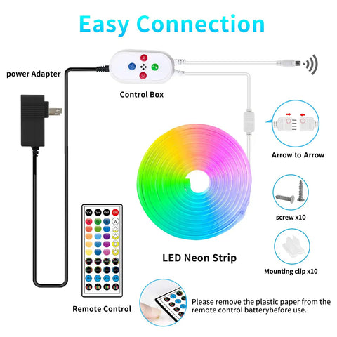 Diagram of Neon LED Rope Lights 10ft With Remote App Control IP65 Waterproof Flexible Strip 12V RGB Neon Lights, showing connections.