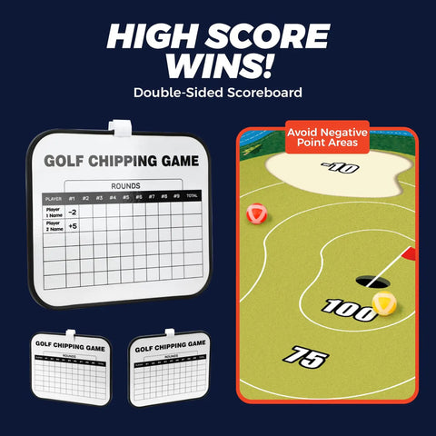 Chipping Golf Practice Mats Set With Sticky Balls showing double-sided scoreboard and target mat with point markers.