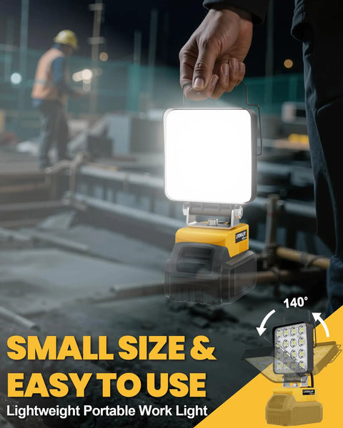 Person holding Beast Cordless LED Work Light with 112W 11200LM Output, 140-degree pivot, Dewalt 20V battery compatible.