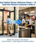 Wireless Indoor Motion Detector With Remote Control And Welcome Alarm Chime For Retail Shops, Offices, And Warehouses, Instant Entry Alerts When Customers Walk-In, Easy Setup, Battery Powered, Selectable Modes, Motion Sensor Alarm mounted above a doorway in black