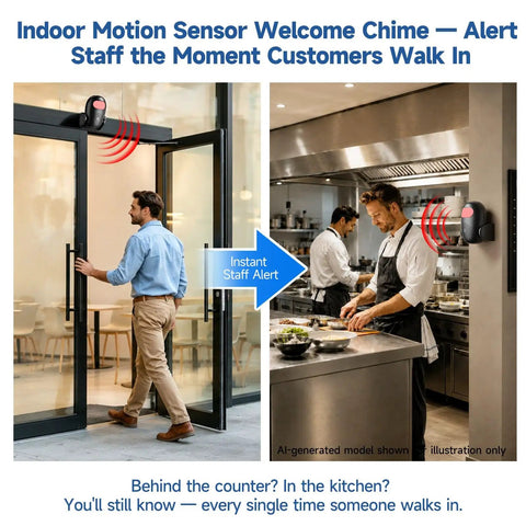 Wireless Indoor Motion Detector With Remote Control And Welcome Alarm Chime For Retail Shops, Offices, And Warehouses, Instant Entry Alerts When Customers Walk-In, Easy Setup, Battery Powered, Selectable Modes, Motion Sensor Alarm mounted above a doorway in black