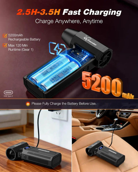 Beast Mode Cordless Air Duster with LED Display showing rechargeable battery, USB-C charging in home and car