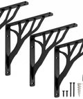 Heavy Duty Black 10 Inch Shelf Brackets Set Of 4 With Included Hardware Iron L Shaped Floating Shelf Supports For Wall Mount Shelving Rustic Industrial Style For Built To Last Home Decor. Visible brackets with hardware and level tool.
