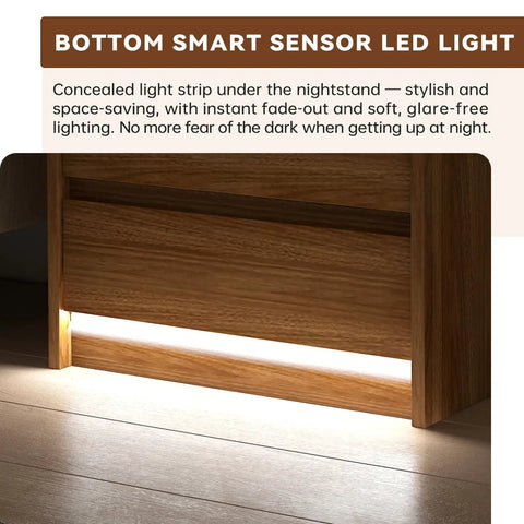 Bottom view of sleek nightstand set of two killer bedside table with built in charging station LED mood light.
