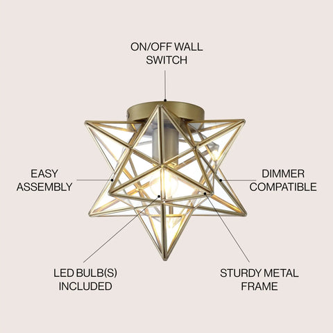 12 Inch Moravian Star LED Flush Mount Ceiling Light Geometric Iron Lantern With Clear Glass Shade For Entryway Hallway Foyer LED Bulb Included Easy Install