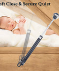 2 Pack Soft Close Toy Box Hinges With Gas Strut Heavy Duty Lid Support, durable black steel finish, shown with sleeping baby.