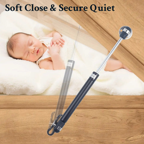 2 Pack Soft Close Toy Box Hinges With Gas Strut Heavy Duty Lid Support, durable black steel finish, shown with sleeping baby.
