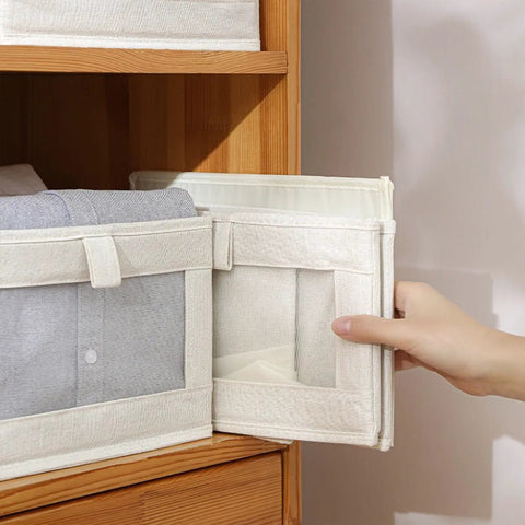 Premium Linen Closet Organizers And Folding Storage Bins, Four Pack Fabric Containers With See Through Window For Quick Clothes And Jeans Retrieval, Straight Up The Ultimate Shelf Organization Fix