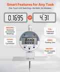Close-up of Beast Depth Micrometer Gauge Digital LCD display with unit conversion and smart features.