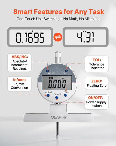 Close-up of Beast Depth Micrometer Gauge Digital LCD display with unit conversion and smart features.