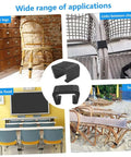 Various applications of outdoor wicker furniture fasteners and sofa clips for securing rattan chairs and sectional sets.