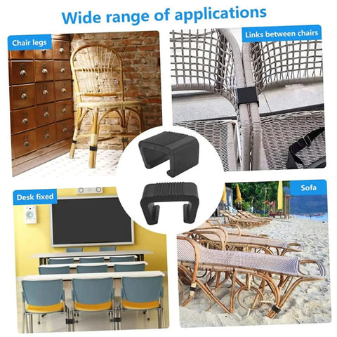 Various applications of outdoor wicker furniture fasteners and sofa clips for securing rattan chairs and sectional sets.