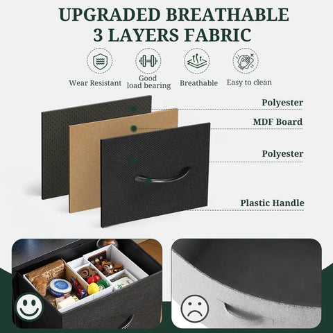 Roomy 9 Drawer Dresser With Wooden Top And Metal Frame Dope Anti Tip Tall Storage Chest material details with fabric layers and drawer handle.