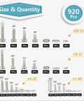 304 Stainless Steel Heavy Duty Screw Set With 920 Pieces Assorted Machine Screws And Nuts And Washers Kit From Kadrick In Sizes 4 40 6 32 8 32 10 24 Phillips Pan Head SAE For Home DIY Auto Repair And Light Industrial Projects, detailed view of contents and sizes on chart