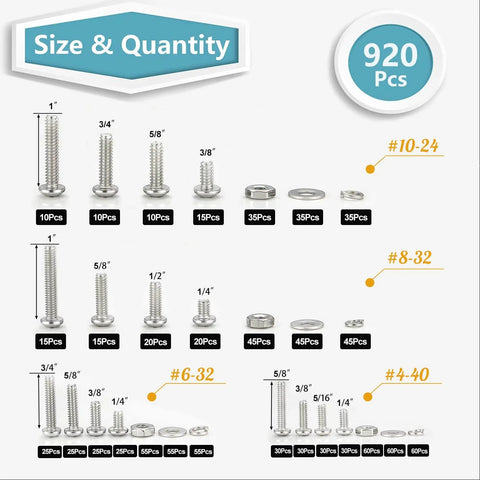 304 Stainless Steel Heavy Duty Screw Set With 920 Pieces Assorted Machine Screws And Nuts And Washers Kit From Kadrick In Sizes 4 40 6 32 8 32 10 24 Phillips Pan Head SAE For Home DIY Auto Repair And Light Industrial Projects, detailed view of contents and sizes on chart