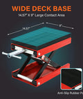 Beefy 1100 Lb Wide Deck Motorcycle Center Scissor Lift Jack Repair Hoist Stand with red steel and rubber surface