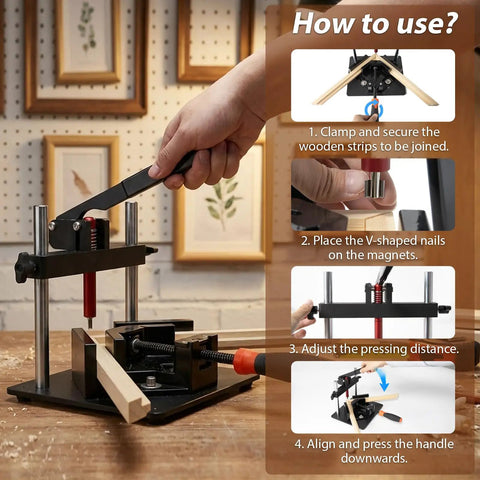 Hand Operated Picture Frame Stapler Kit For Easy Framing No Power Needed Frame Joiner Jig Tools With V-Shaped Nails, Adjustable Corner Clamp, Seamless Assembly, Pro Grade, Durable And Budget Friendly. Hand lever frame joiner with clamp