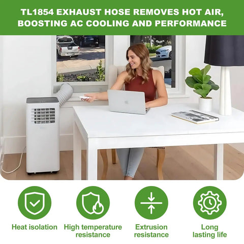 Woman working at desk with portable air conditioner and 5 Inch Diameter Portable Air Conditioner Exhaust Hose Replacement Extends Up To 58.85 Inches