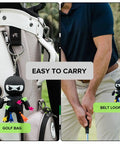 Ninja Golf Tee Holder Keychain Portable Tee Organizer clipped to golf bag and belt loop with colorful tees, black accessory