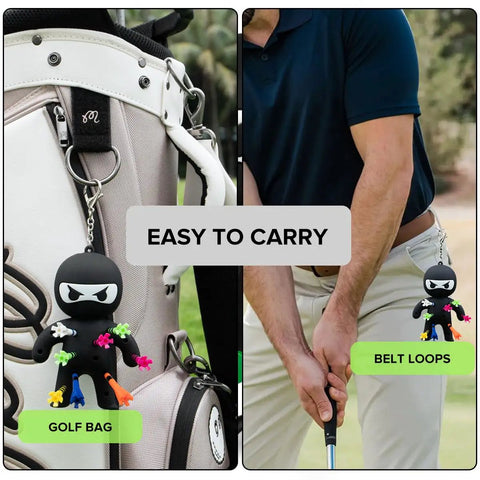 Ninja Golf Tee Holder Keychain Portable Tee Organizer clipped to golf bag and belt loop with colorful tees, black accessory