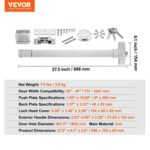Heavy Duty 28 Inch Stainless Steel Push Bar Panic Exit Device With Exterior Lever And 3 Keys Commercial Emergency Door Hardware For 28 To 41 Inch Metal Or Wood Doors displayed with components and measurements.