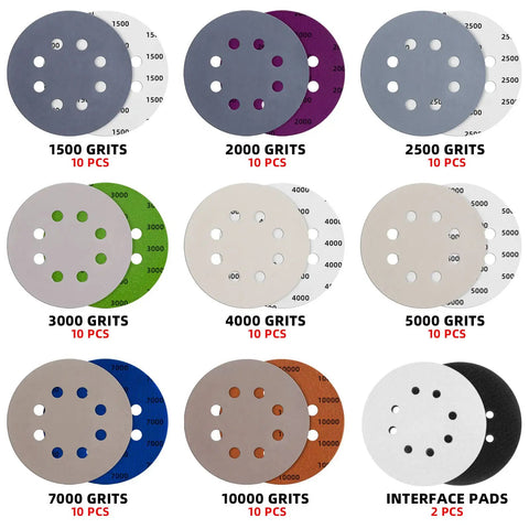 80 Piece 5 Inch 8 Hole Sanding Discs Hook And Loop Set Pro Grade Wet Dry Sandpaper With Grits 1500 Through 10000 And 2 Interface Pads