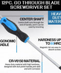 12 Piece Magnetic Screwdriver Set With Heavy Duty Go-Thru Steel Blades, ergonomic handle and center shaft, for mechanics and DIY.