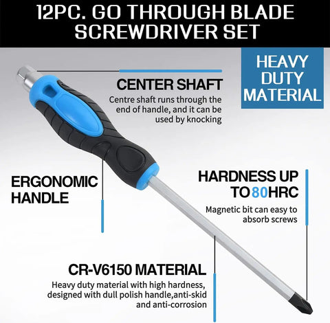 12 Piece Magnetic Screwdriver Set With Heavy Duty Go-Thru Steel Blades, ergonomic handle and center shaft, for mechanics and DIY.