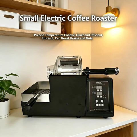 Top Shelf Electric Coffee Bean Roaster With Smooth Drum Rotation And No Sweat Temp Control Featuring Smart Timer And Built In Thermometer To Roast Nuts And Spices For Your Chill Home Brewing Setup placed on a counter with a plant.