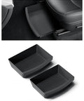 Dead On Fit Under Seat Storage For Tesla Model Y Black 2 Pack showing rugged organizers under a car seat and side view of both bins.