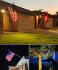 Lit 20W Outdoor COB Landscape Spotlight With Dusk To Dawn Sensor illuminating an American flag on a house at night