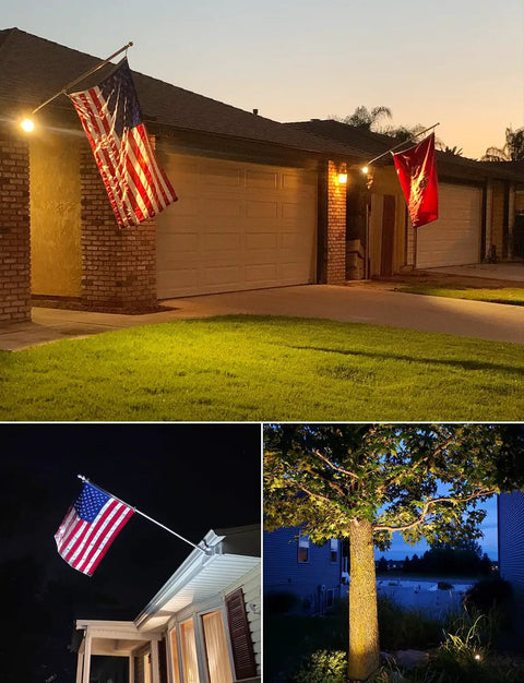 Lit 20W Outdoor COB Landscape Spotlight With Dusk To Dawn Sensor illuminating an American flag on a house at night