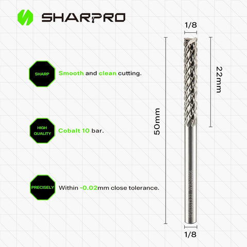 SHARPRO tungsten carbide burr, side view, 1/8 in shank, 50 mm length, for Dremel rotary tools.