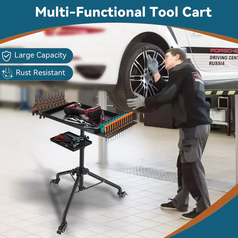 Rolling Tool Cart With Adjustable Height Work Table On Wheels in use in an auto shop with mechanic, features dual trays.