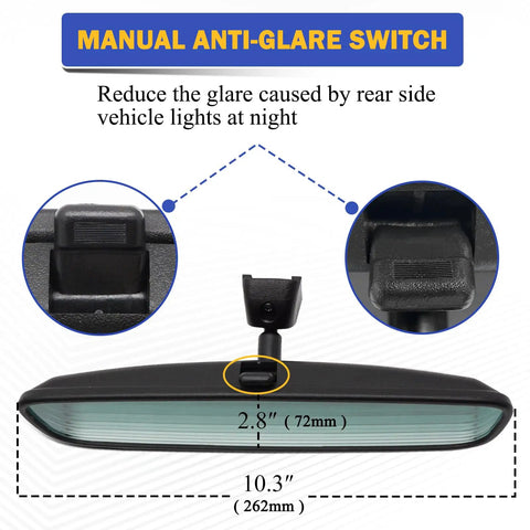 Hyundai And Kia Interior Rear View Mirror Replacement Assembly 851013X100 with manual anti-glare switch, dimensions highlighted