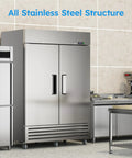 Heavy Duty Commercial Freezer 52 Cubic Feet Capacity Slick Stainless Steel Build two-door design in commercial kitchen setting