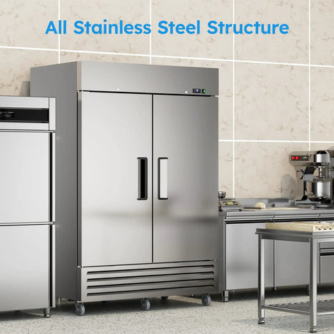 Heavy Duty Commercial Freezer 52 Cubic Feet Capacity Slick Stainless Steel Build two-door design in commercial kitchen setting