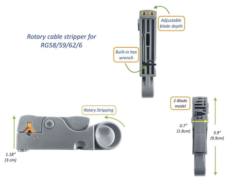 Pro Grade All In One RF Coax Tool Kit With Quick Change Crimper Cutter And Stripper Plus Five Interchangeable Die Sets rotary cable stripper shown