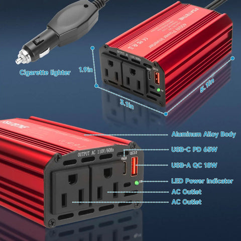 Hella Reliable 400w Power Inverter DC 12v To 110v AC Car Plug Adapter with dual AC outlets and USB ports.