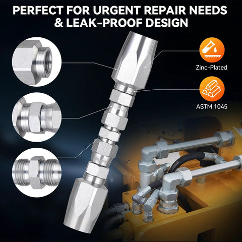 Hydraulic hose repair kit with 3 sizes (1/4–1/2 in) and 6 parts; zinc-plated reusable fittings (front view).