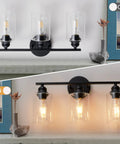 Black 3 Light Vanity Light Fixture Set with Clear Glass Shades in on and off modes, modern farmhouse bathroom lighting.