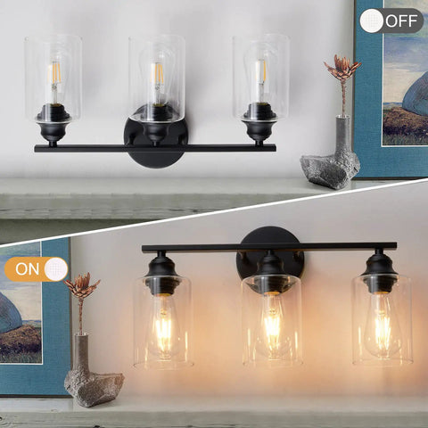 Black 3 Light Vanity Light Fixture Set with Clear Glass Shades in on and off modes, modern farmhouse bathroom lighting.