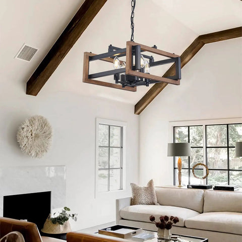 Dope Farmhouse 4 Light Adjustable Chandelier For Dining Room And Kitchen Island Rustic Hanging Light Fixture With Matte Black Metal Body And 4 Candle Arm Lights Ideal For Entryway Foyer Living Room Wood Finish