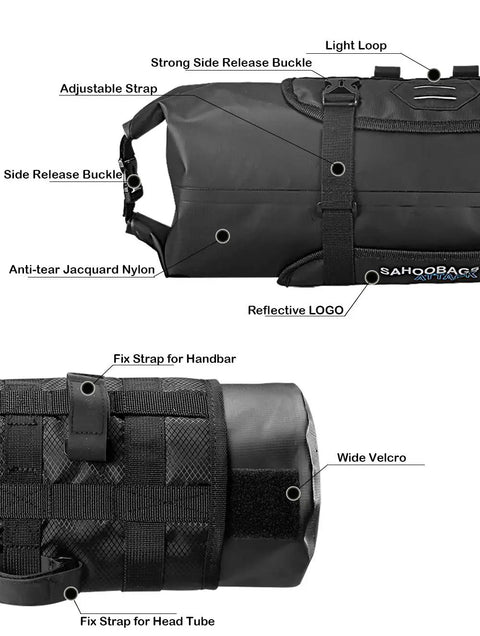Waterproof Adjustable Capacity Bike Handlebar Bag With Detachable Dry Pack Ride Ready 3L To 7L, showing straps and buckles.