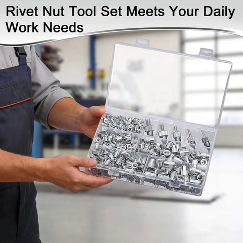 Person holding open case of Rivet Nut Tool Kit Pro Grade With 430 Pcs Metric Rivet Nuts M3 M4 M5 M6 M8 Set Includes Rivet Nut Installer